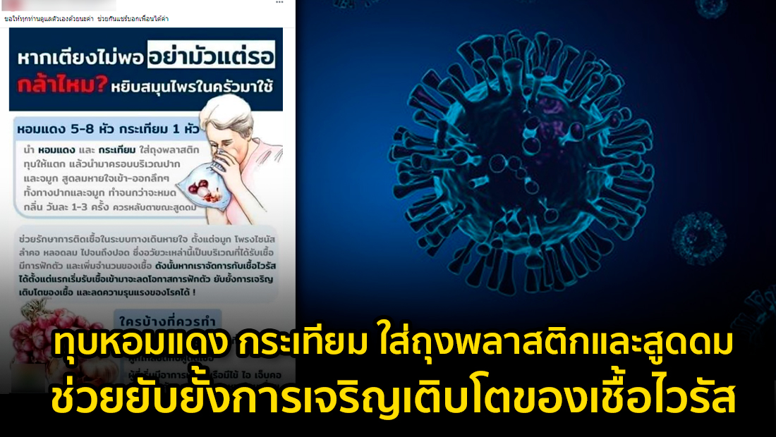 ข่าวบิดเบือน ทุบหอมแดง กระเทียม ใส่ถุงพลาสติกและสูดดม ช่วยยับยั้งการเจริญเติบโตของเชื้อไวรัส